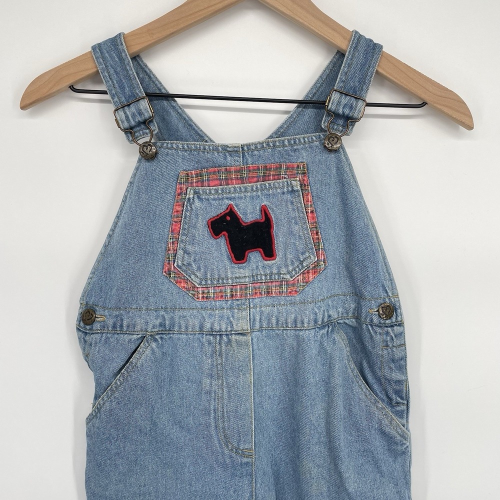 Vintage 90s Rachel's Kids Denim Blue Overalls Scottie Dog Bib Patch Girls 6X